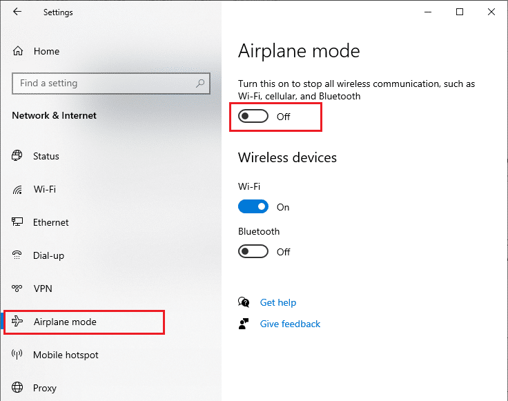 Now, choose Airplane mode from the left pane and turn off the Airplane mode setting