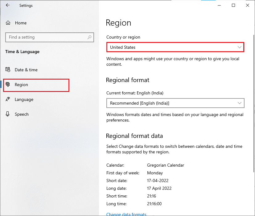 Now, switch to the Region tab in the left menu and in the Country or region option, make sure you choose United States