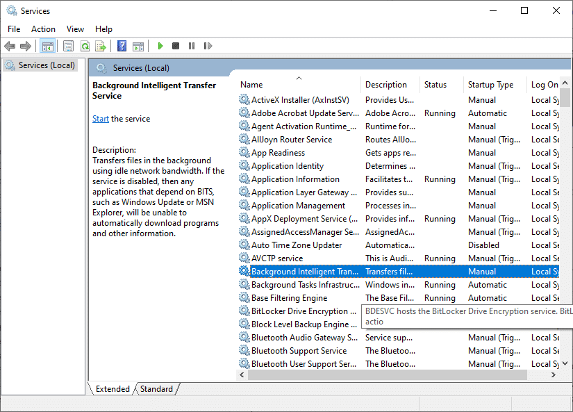 open Background Intelligent Transfer Service. Fix Windows 10 Update Store Error 0x80D05001