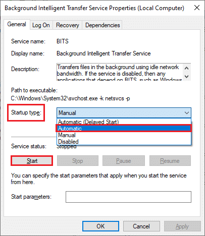 Теперь выберите тип запуска «Автоматически». Исправить ошибку магазина обновлений Windows 10 0x80D05001