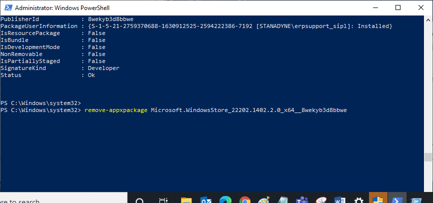 Now, go to a new line in the PowerShell window and type remove appxpackage followed by a space and the line you have copied in the before step.