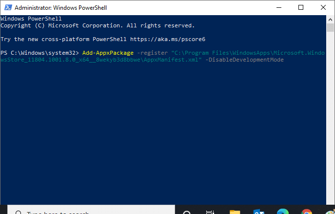 Luego, para reinstalarlo, abra nuevamente Windows PowerShell como administrador y escriba Agregar AppxPackage, registre CProgram Files WindowsApps Microsoft.WindowsStore 11804.1001.8.0 64 8wekyb3d8bbwe AppxManifest.xml DisableDevelopmentMode