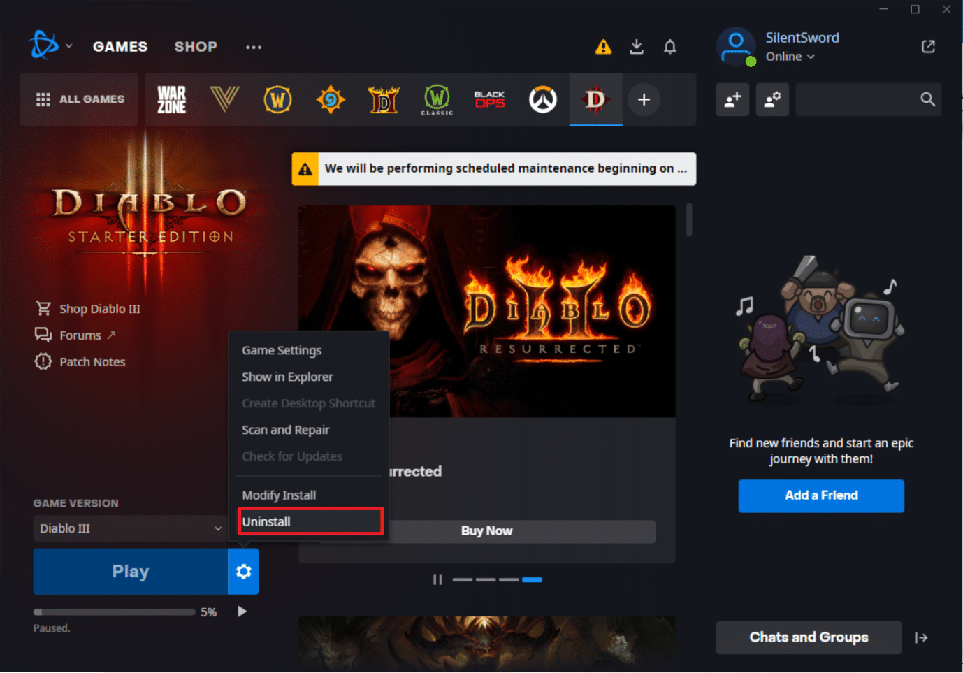 Click on Uninstall. Fix Diablo 3 Error Code 1016 on Windows 10