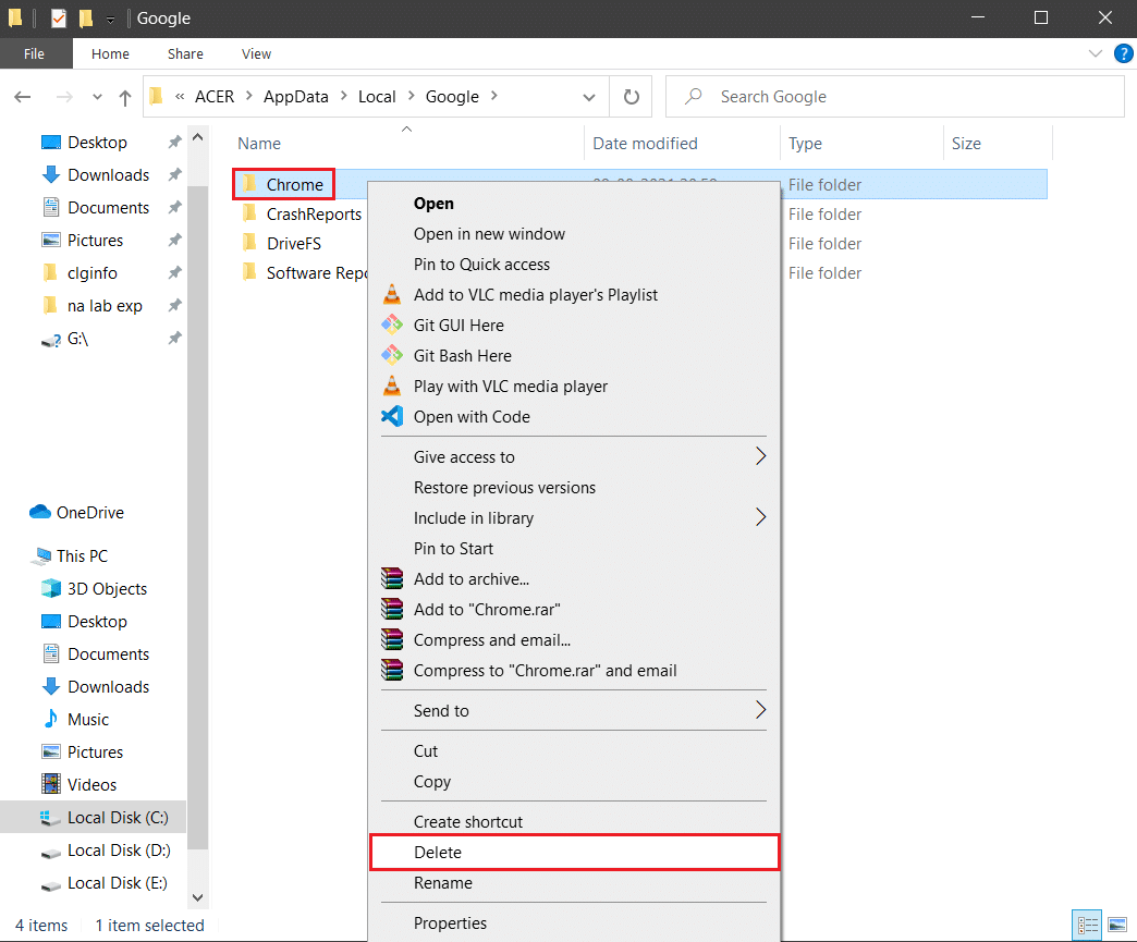 kliknij prawym przyciskiem myszy folder Chrome i wybierz opcję Usuń w localappdata