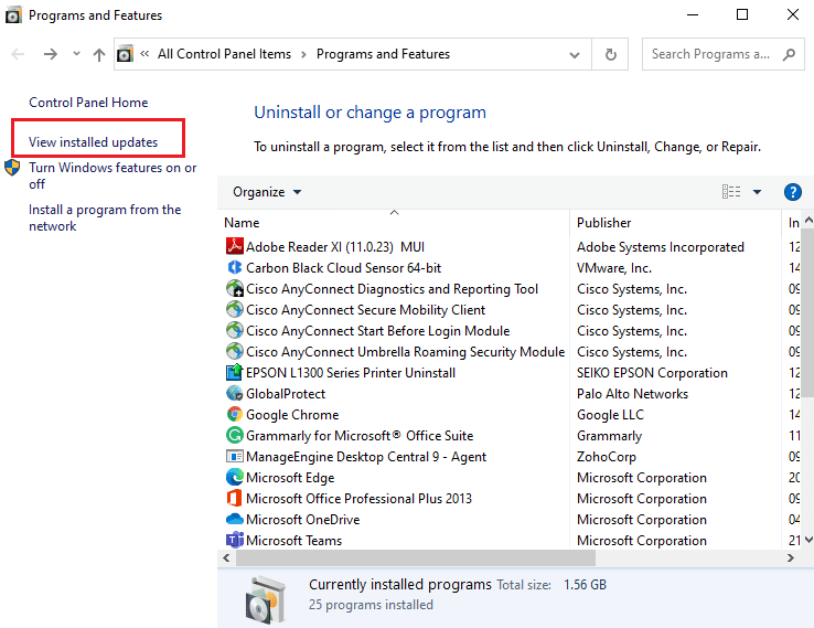 انقر فوق عرض التحديثات المثبتة. إصلاح مشكلة التوقف عند تشخيص جهاز الكمبيوتر الخاص بك في نظام التشغيل Windows 10