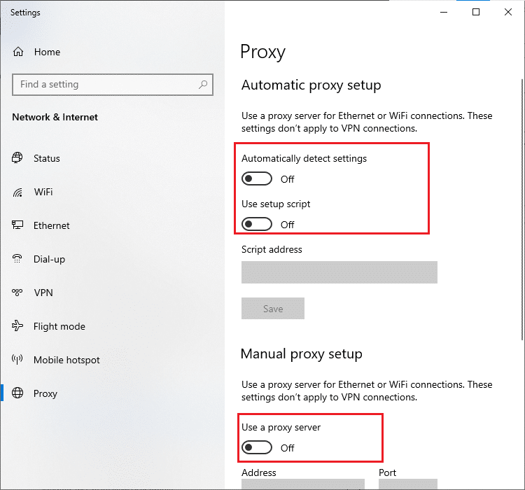 Disable Proxy servers. Fix Minecraft Black Screen in Windows 10