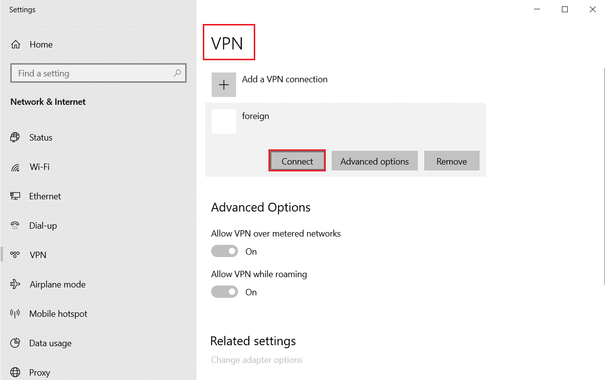 Conéctese a una VPN en Windows. Reparar el código de error 900 de League of Legends en Windows 10