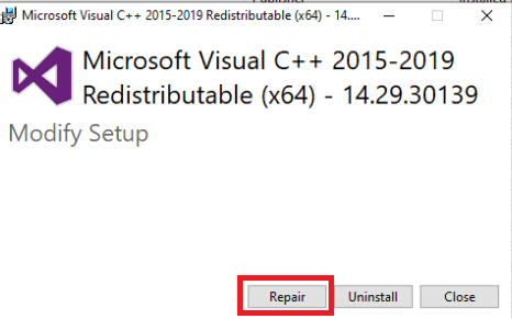 click on Repair | How to Fix Runtime Error C++