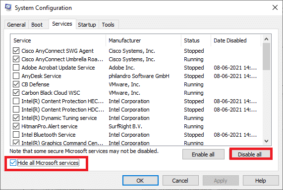 Check the box next to Hide all Microsoft services, and click on Disable all button 