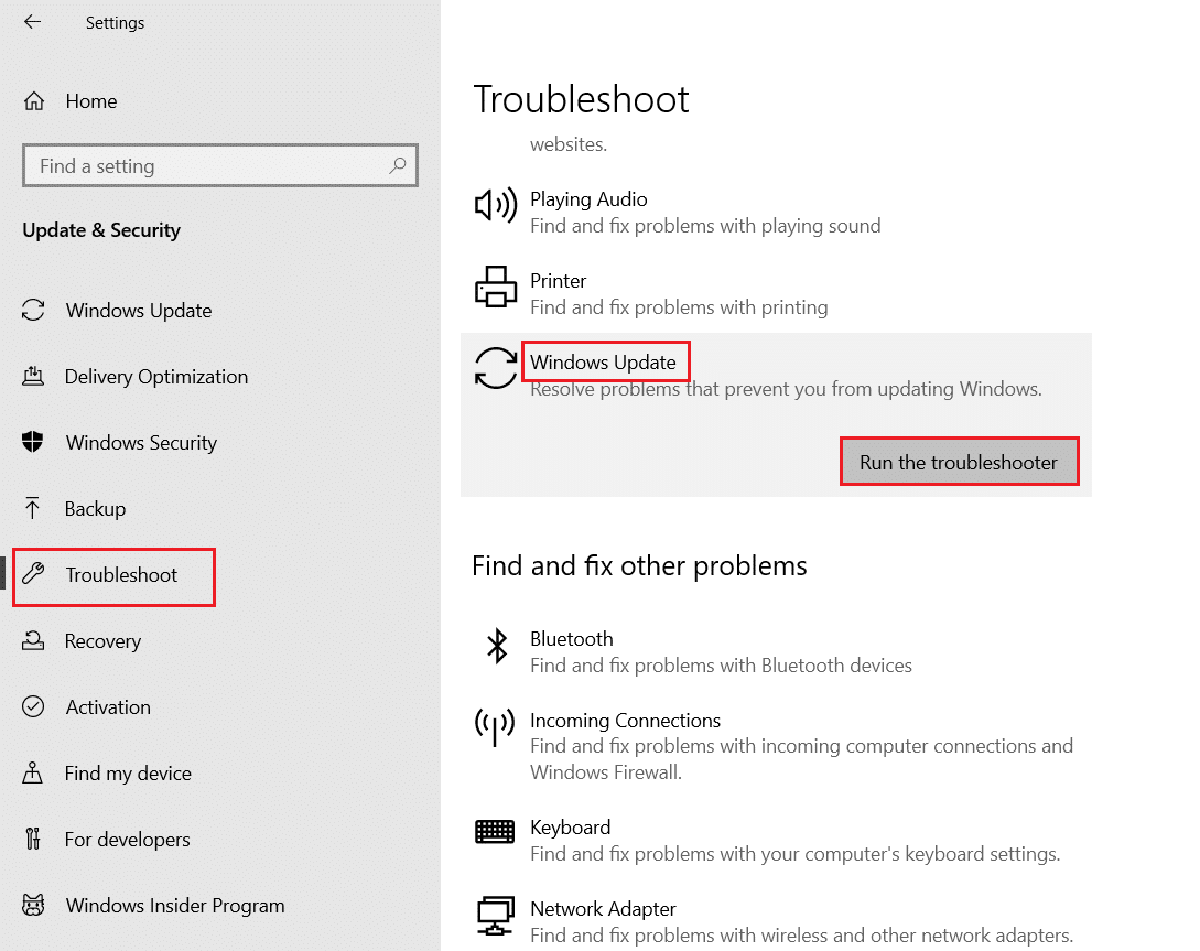 click on Windows Update and select Troubleshoot option in Windows Settings