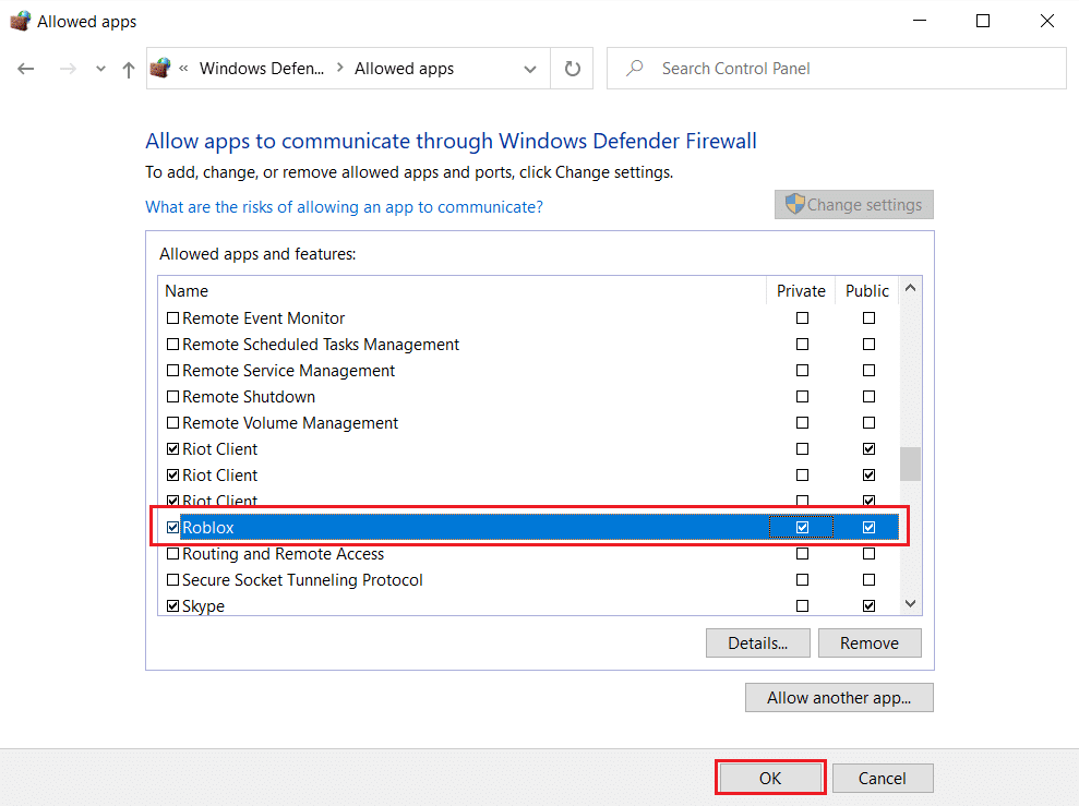 Check on Private and Publick option for Roblox to Allow Roblox through Windows Defender Firewall