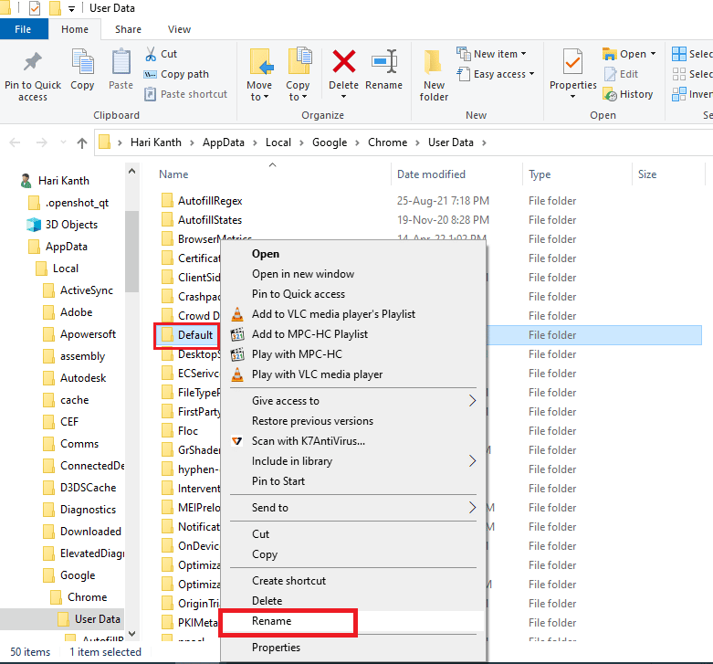 Right click on the file Default and select the option Rename in the menu