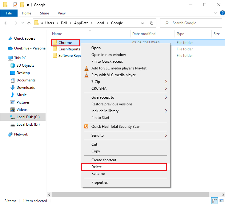 right click on the Chrome folder and select the Delete option