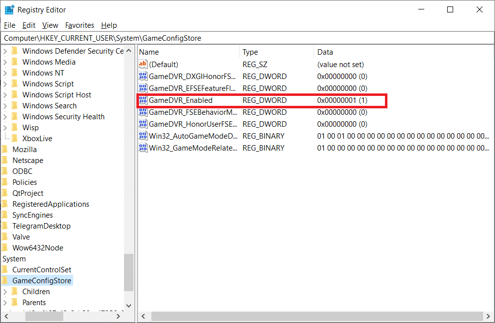 Double click on the GameDVR Enabled option on the GameConfigStore folder