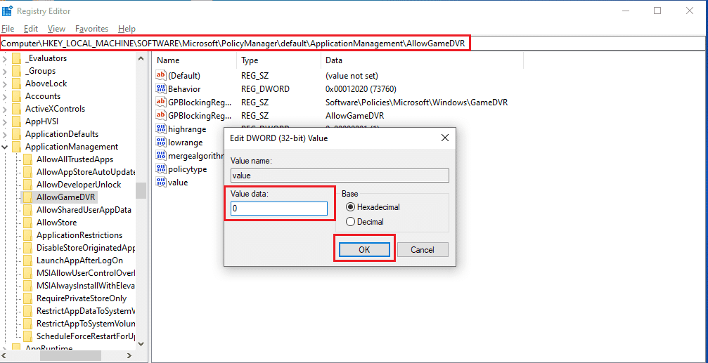Set Value data to 0 for AllowGameDVR option. Fix Overwatch Not Launching on Windows 10