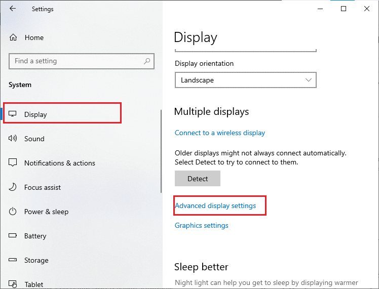click on Display in the left pane followed by Advanced display settings in the right pane 