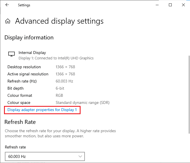 click on Display adapter properties 