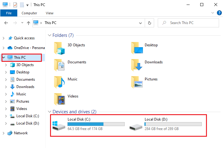 Check the disk space under Devices and drivers as shown