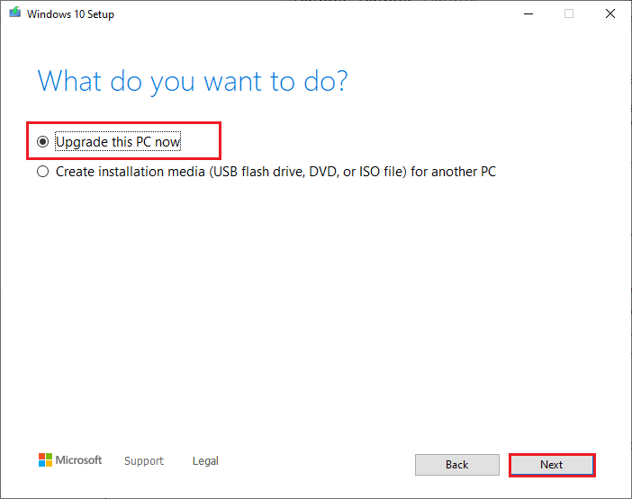 select the Upgrade this PC now option and then click on the Next button
