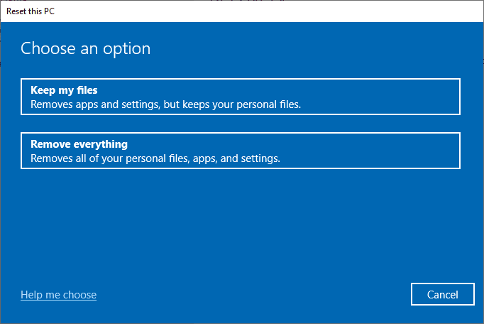 choose an option from the Reset this PC