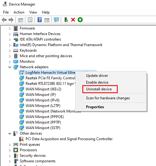 Click on uninstall device. Fix The L2TP Connection Attempt Failed Error