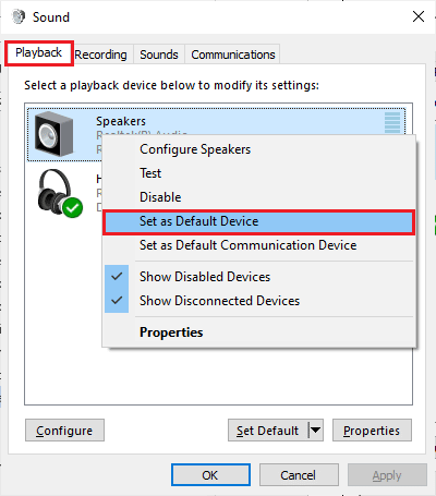 select the Set as Default Device option