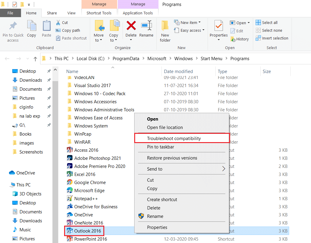 right click on Outlook and select Troubleshoot Compatibility