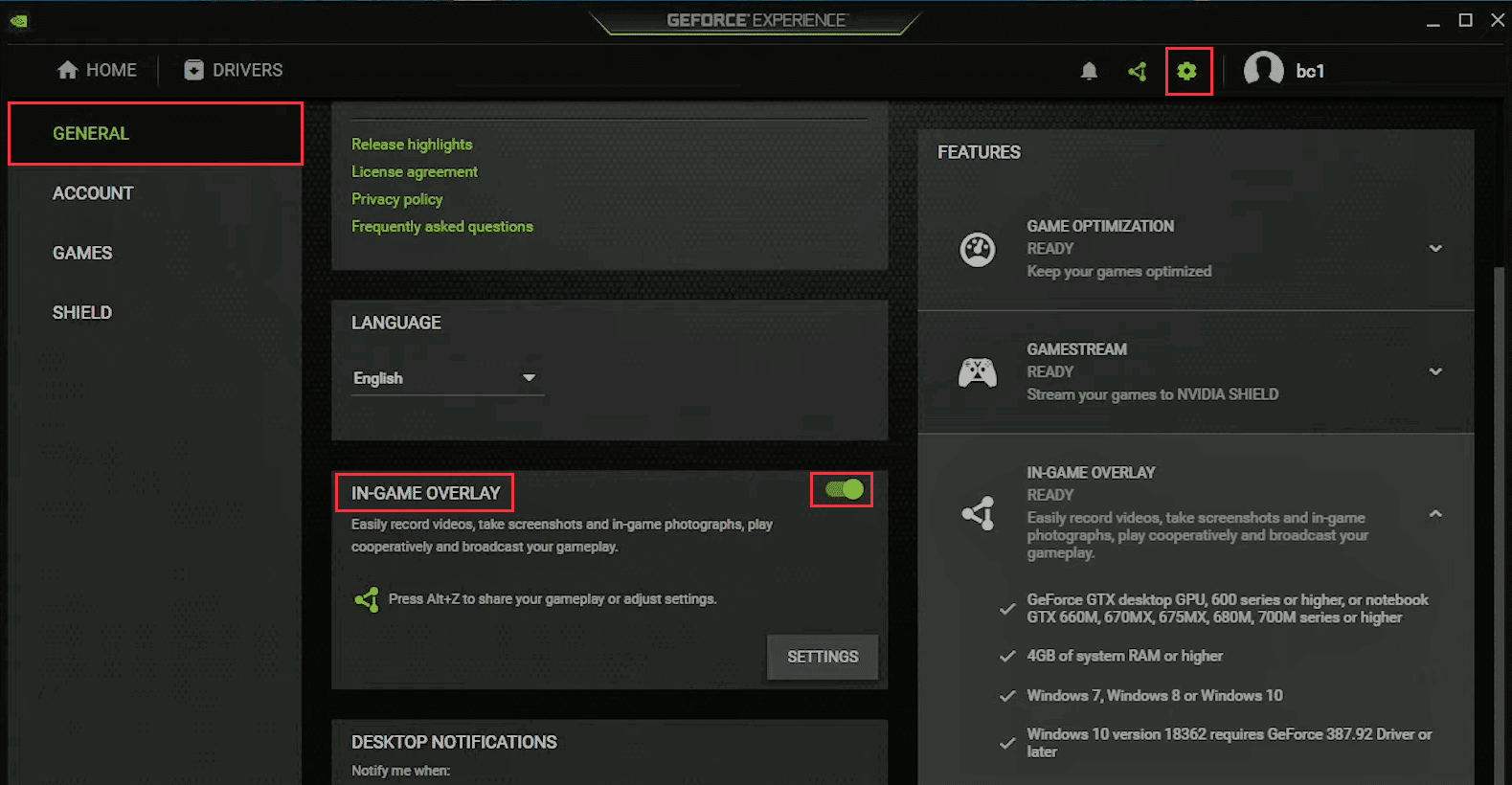 go to Settings and in general menu settings switch On Ingame overlay in GeForce Experience Shadowplay