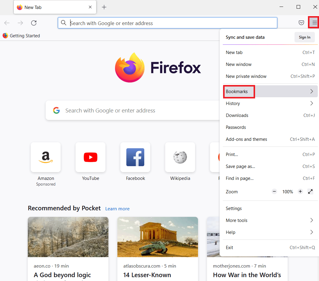 нажмите на опцию «Закладки» в отображаемом списке. Исправить ошибку Mozilla Firefox «Не удалось загрузить XPCOM» в Windows 10