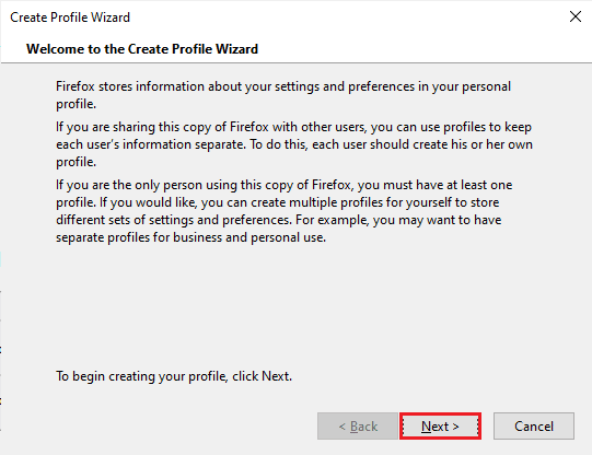 Нажмите кнопку «Далее». Исправить ошибку Mozilla Firefox «Не удалось загрузить XPCOM» в Windows 10