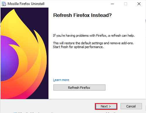 „Mozilla Firefox“ pašalinimo lange spustelėkite mygtuką Kitas