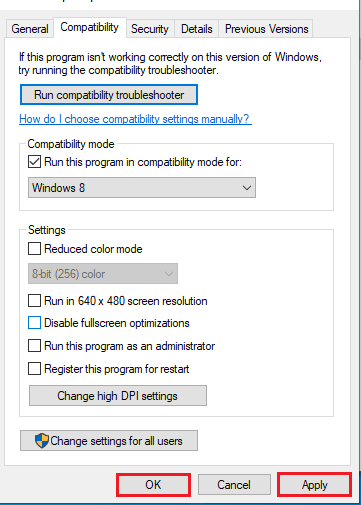 Klik pada tombol Terapkan dan kemudian OK. Perbaiki Pengecualian CoD Black Ops 2 yang Tidak Tertangani Tertangkap di Windows 10