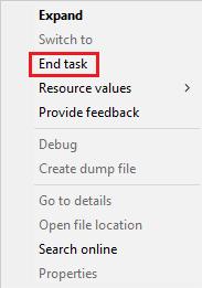 Select End task. Fix SearchUI.exe Suspended Error on Windows 10