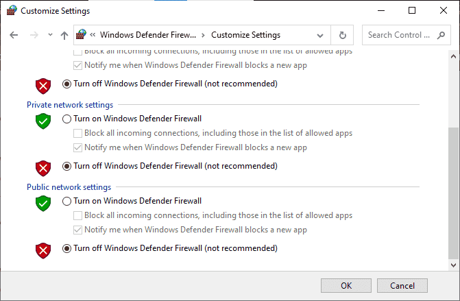 turn off Windows Defender Firewall not recommended. Fix Configuration System Failed to Initialize on Windows 10