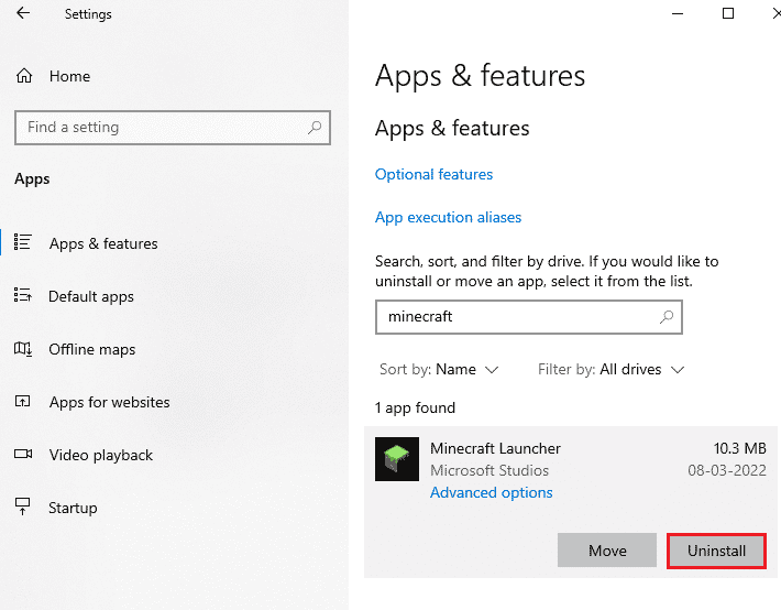 search Minecraft Launcher and select Uninstall option.