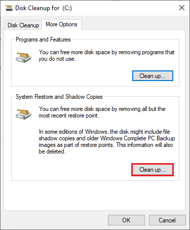 More Options tab သို့ပြောင်းပြီး Clean up… ခလုတ်ကိုနှိပ်ပါ။ Windows 10 ရှိ Star Citizen Installer Error ကို ပြင်ဆင်ပါ။