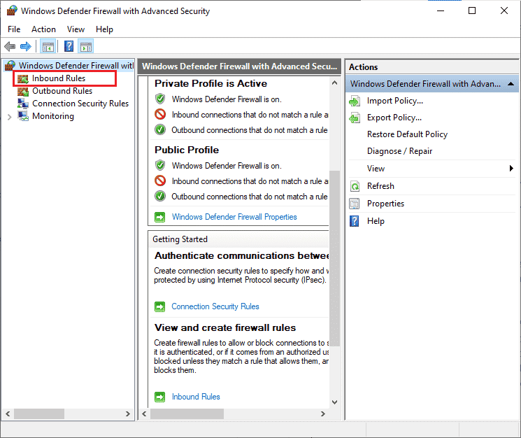 Inbound Rules ကိုနှိပ်ပါ။ Windows 10 ရှိ Star Citizen Installer Error ကို ပြင်ဆင်ပါ။