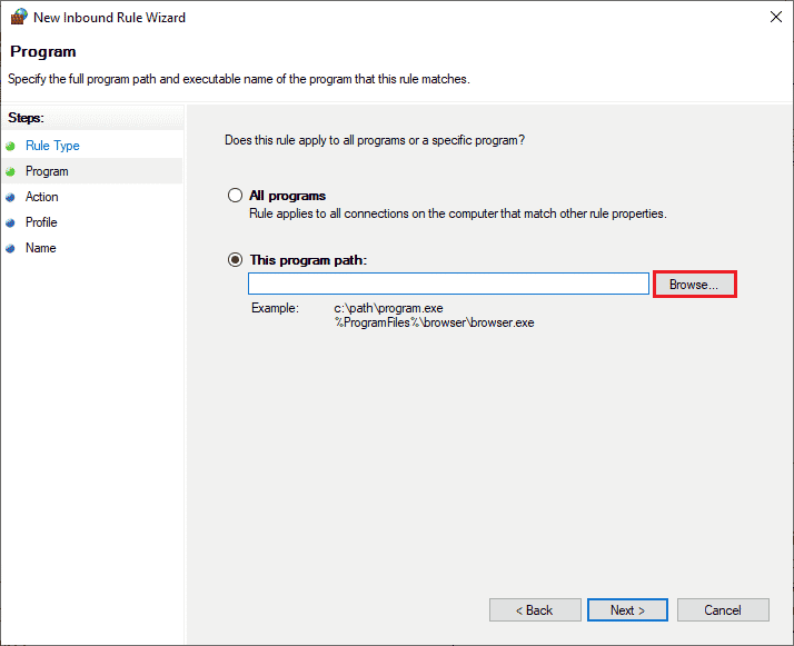 ဤပရိုဂရမ်လမ်းကြောင်းနှင့် သက်ဆိုင်သော Browse… ခလုတ်ကို နှိပ်ပါ။ Windows 10 ရှိ Star Citizen Installer Error ကို ပြင်ဆင်ပါ။