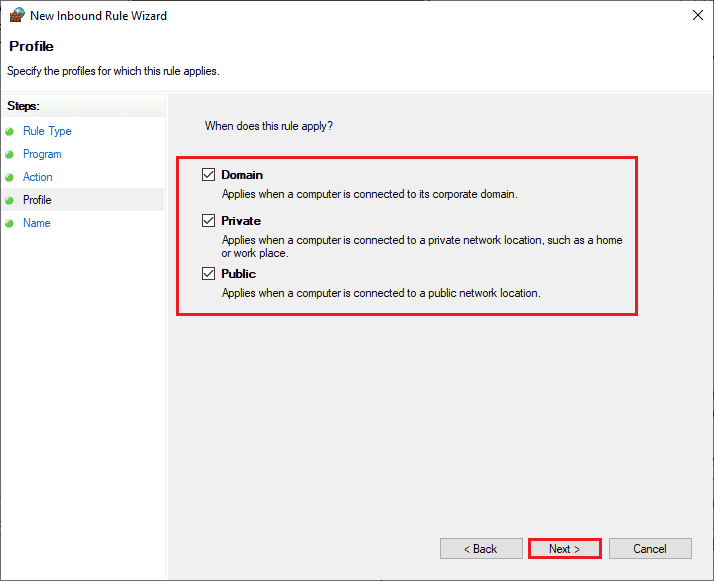 Domain Private နှင့် Public အကွက်များကို ရွေးချယ်ထားကြောင်း သေချာစေပြီး Next ကိုနှိပ်ပါ။ Windows 10 ရှိ Star Citizen Installer Error ကို ပြင်ဆင်ပါ။