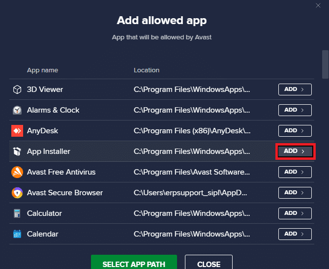 click on app installer and select add button to add exclusion in Avast Free Antivirus