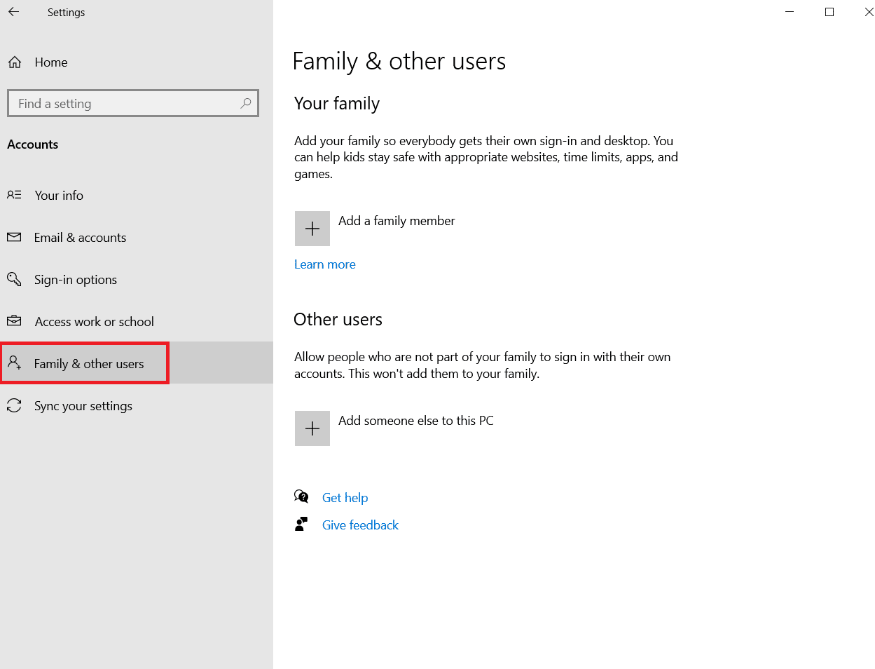 Select the Family and other users option