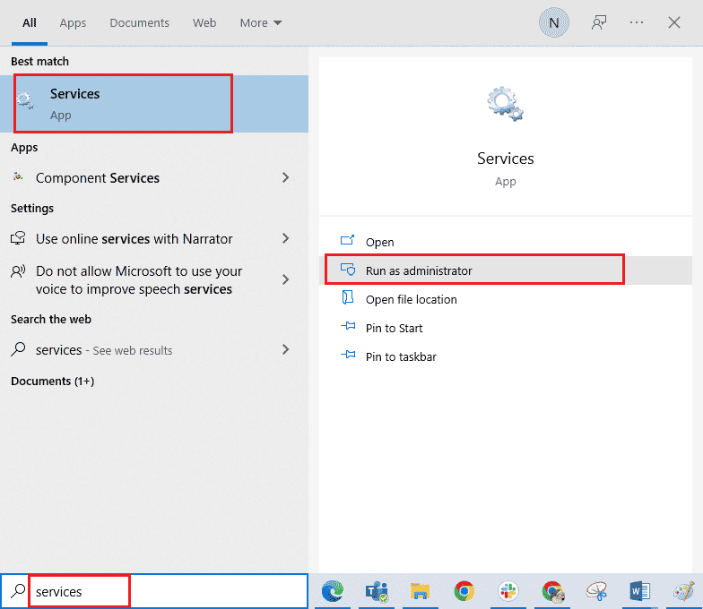 Type Services in the search menu and click on Run as administrator | Fix Your Mic is Muted by System Settings in Google Meet