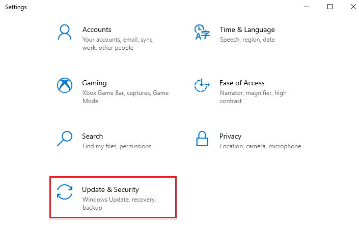 нажмите «Обновление и безопасность». Исправлена ​​ошибка, из-за которой мы не смогли подключиться к службе обновлений в Windows 10.