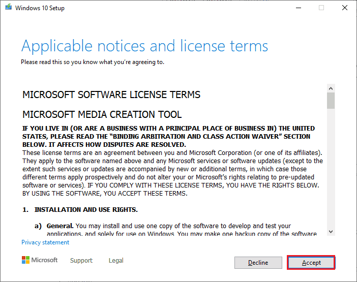 нажмите кнопку «Принять» в окне установки Windows 10. Исправлена ​​ошибка, из-за которой мы не смогли подключиться к службе обновлений в Windows 10.