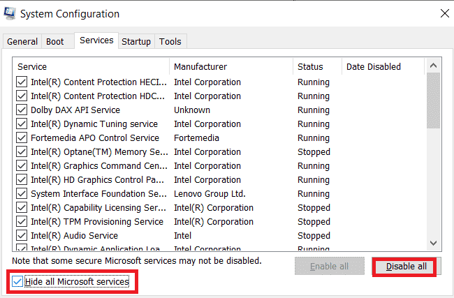 सभी Microsoft सेवाओं को छुपाएं के बगल में स्थित बॉक्स को चेक करें, और सभी को अक्षम करें बटन पर क्लिक करें