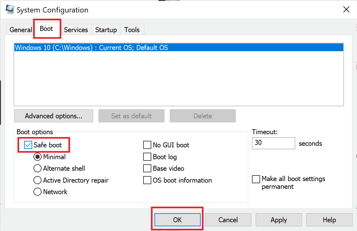 انقر فوق علامة التبويب "التمهيد" ثم حدد خانة الاختيار بجوار "التمهيد الآمن" ضمن "خيارات التمهيد". إصلاح Java TM Platform SE Binary لا يستجيب في نظام التشغيل Windows 10