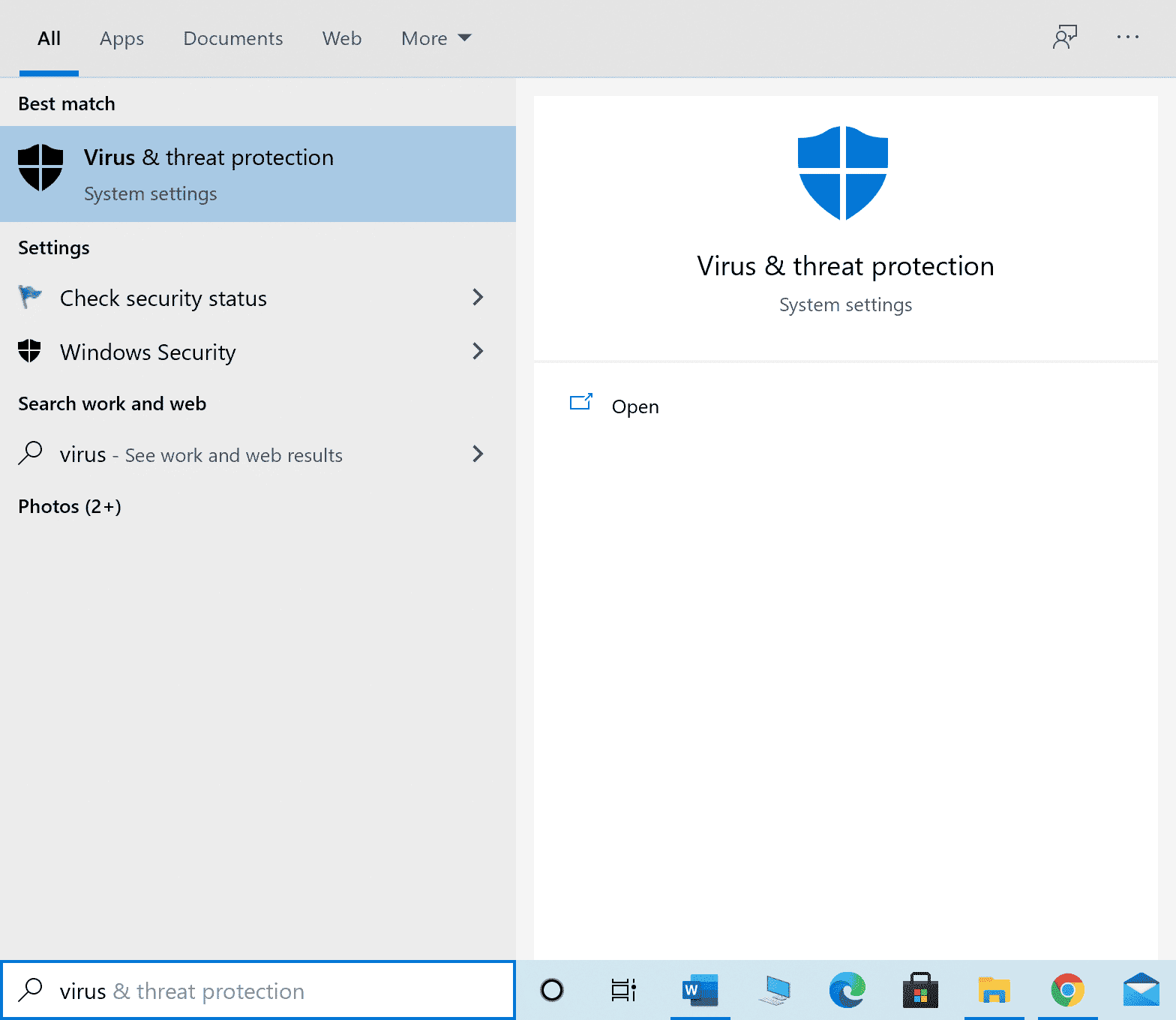 Start menu search results for Windows security. 