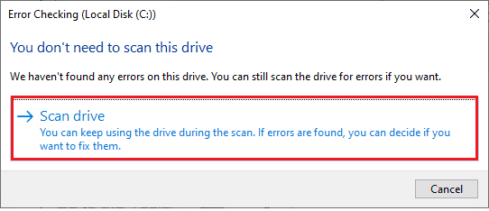 click on Scan drive or Scan and repair drive in the next window to continue 