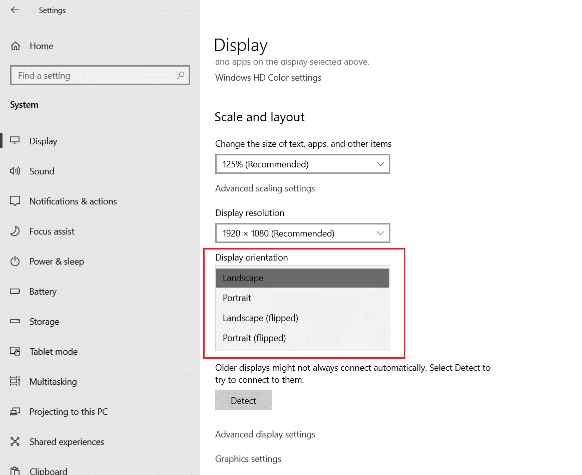 change display orientation scale and layout section in System Settings
