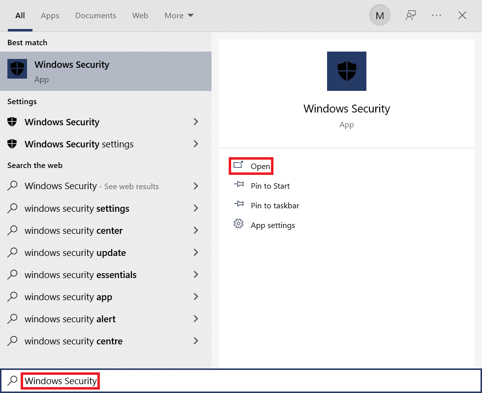 Start Menu Search results for Windows Security